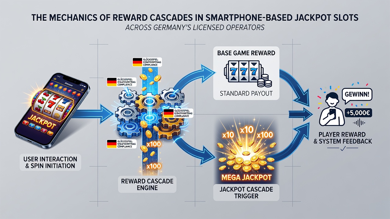 Mobile Schnittstelle mit aktivierten Belohnungskaskaden in einem Jackpot-Slot